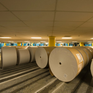 Huge rolls of paper in newspaper factory